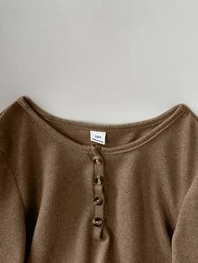 SHEIN Sparklyn 女童短袖休閒 INS 風舒適寬鬆百搭 Polo 條紋 T 恤 - 棕色 - 查看 4