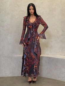 Aloruh Black Knit Mesh Deep V-Neck Long Sleeve Ruffle Hem Dress,Halloween - Multicolor - View 4