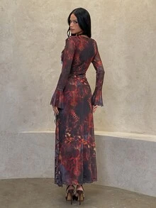 Aloruh Black Knit Mesh Deep V-Neck Long Sleeve Ruffle Hem Dress,Halloween - Multicolor - View 2