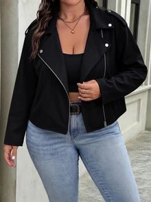 EMERY ROSE Women's Plus Size Streetwear Cool Collar Zipper Eyelet Buckle Jacket Fall - Black - View 5
