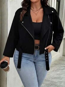 EMERY ROSE Women's Plus Size Streetwear Cool Collar Zipper Eyelet Buckle Jacket Fall - Black - View 1