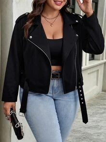 EMERY ROSE Women's Plus Size Streetwear Cool Collar Zipper Eyelet Buckle Jacket Fall - Black - View 6