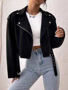 EMERY ROSE Women's Plus Size Streetwear Cool Collar Zipper Eyelet Buckle Jacket Fall - Black - View 3