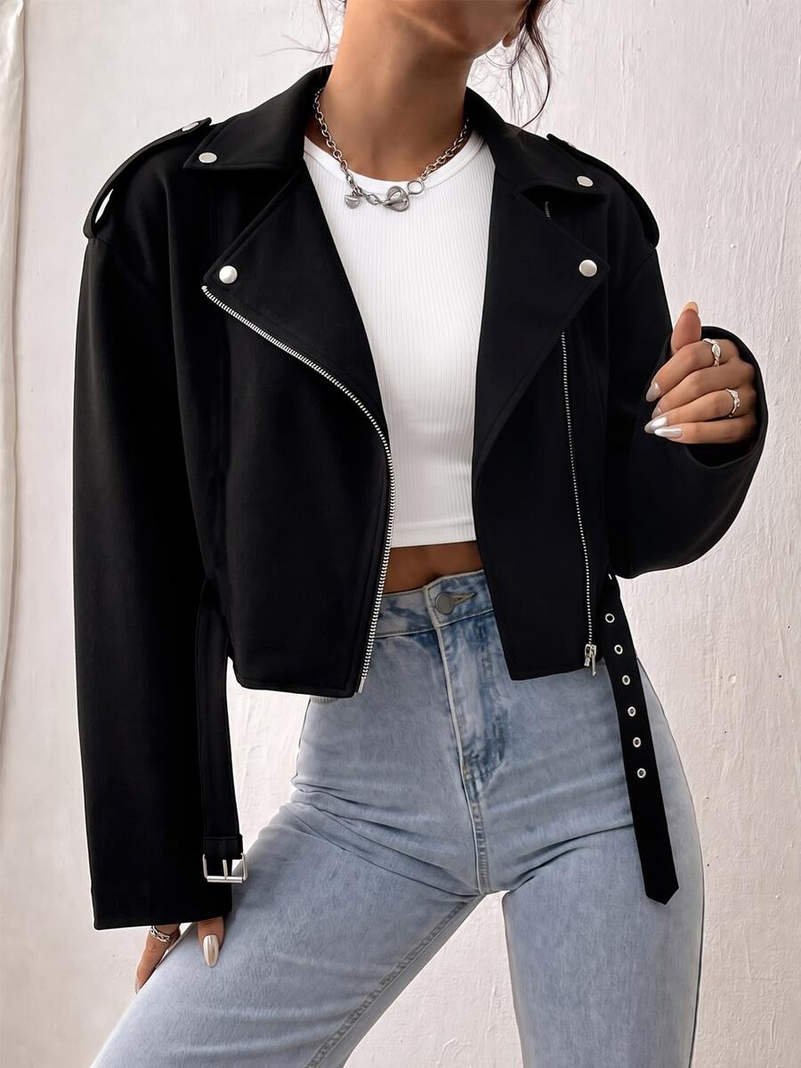 EMERY ROSE Áo khoác nữ size lớn phong cách streetwear cổ ngầu, khóa kéo, đục lỗ, khóa cài, mùa thu - màu đen - Xem 1
