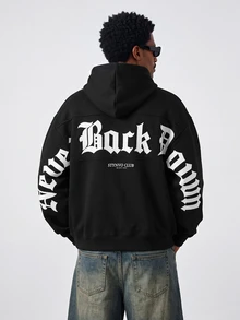 STYNVO Men's Letter Print Casual Streetwear Daily Wear Hoodie Holiday Beach Black And White Fall - Black - View 1