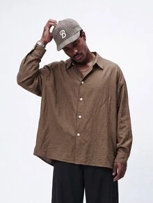 STYNVO Men's Solid Color Single-Breasted Casual Commute Long Sleeve Shirt - Coffee Brown - View 4