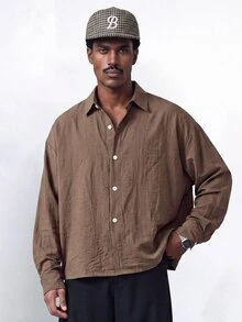 STYNVO Men's Solid Color Single-Breasted Casual Commute Long Sleeve Shirt - Coffee Brown - View 1