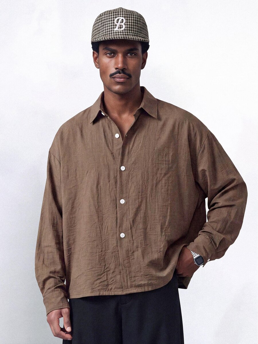 STYNVO Men's Solid Color Single-Breasted Casual Commute Long Sleeve Shirt - Coffee Brown - View 1