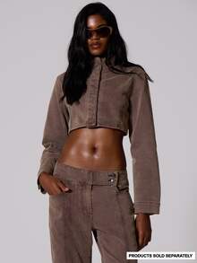 MUSERA Jaket Crop Kargo Khaki Washed Utility untuk Musim Panas, Gugur, Musim Dingin, Cocok untuk Acara Festival, Gaya Keren, dan Frekuensi Rendah. - Coffee Brown - View 1