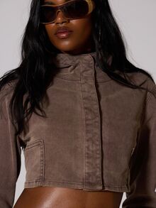MUSERA Jaket Crop Kargo Khaki Washed Utility untuk Musim Panas, Gugur, Musim Dingin, Cocok untuk Acara Festival, Gaya Keren, dan Frekuensi Rendah. - Coffee Brown - View 5