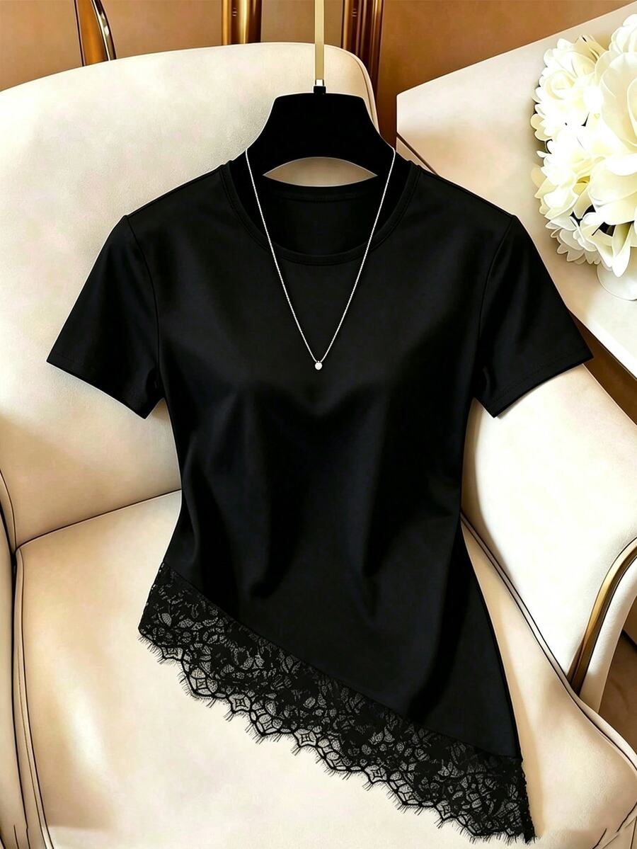 GlowEve CURVE Women's Solid Color Round Neck Short Sleeve Lace Hem Fashion T-Shirt - Black - View 1