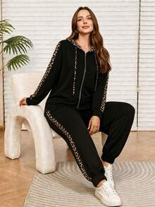 Setelan Wanita Ukuran Besar EMERY ROSE 2 Potong, Hoodie Motif Macan Tutul Blok Warna Hitam dengan Celana Training, Set Kasual Musim Gugur Halloween Serasi untuk Wanita - Hitam - View 5
