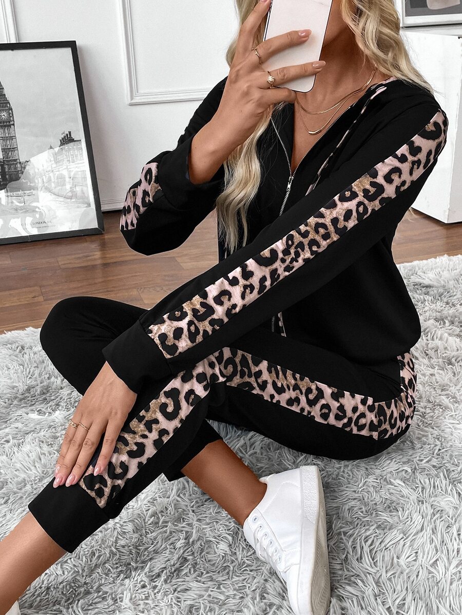 Setelan Wanita Ukuran Besar EMERY ROSE 2 Potong, Hoodie Motif Macan Tutul Blok Warna Hitam dengan Celana Training, Set Kasual Musim Gugur Halloween Serasi untuk Wanita - Hitam - View 1