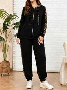 Setelan Wanita Ukuran Besar EMERY ROSE 2 Potong, Hoodie Motif Macan Tutul Blok Warna Hitam dengan Celana Training, Set Kasual Musim Gugur Halloween Serasi untuk Wanita - Hitam - View 4