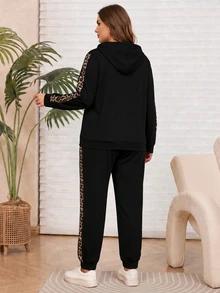 Setelan Wanita Ukuran Besar EMERY ROSE 2 Potong, Hoodie Motif Macan Tutul Blok Warna Hitam dengan Celana Training, Set Kasual Musim Gugur Halloween Serasi untuk Wanita - Hitam - View 2