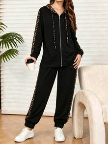 Setelan Wanita Ukuran Besar EMERY ROSE 2 Potong, Hoodie Motif Macan Tutul Blok Warna Hitam dengan Celana Training, Set Kasual Musim Gugur Halloween Serasi untuk Wanita - Hitam - View 7