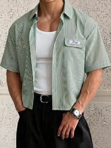 ESTAVOR 男士休闲条纹短袖衬衫，夏季款 - 綠色 - 查看 6