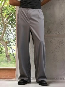 ESTAVOR Men's Solid Color Pleated Pocket Loose Wide Leg Pants - Grey - View 1