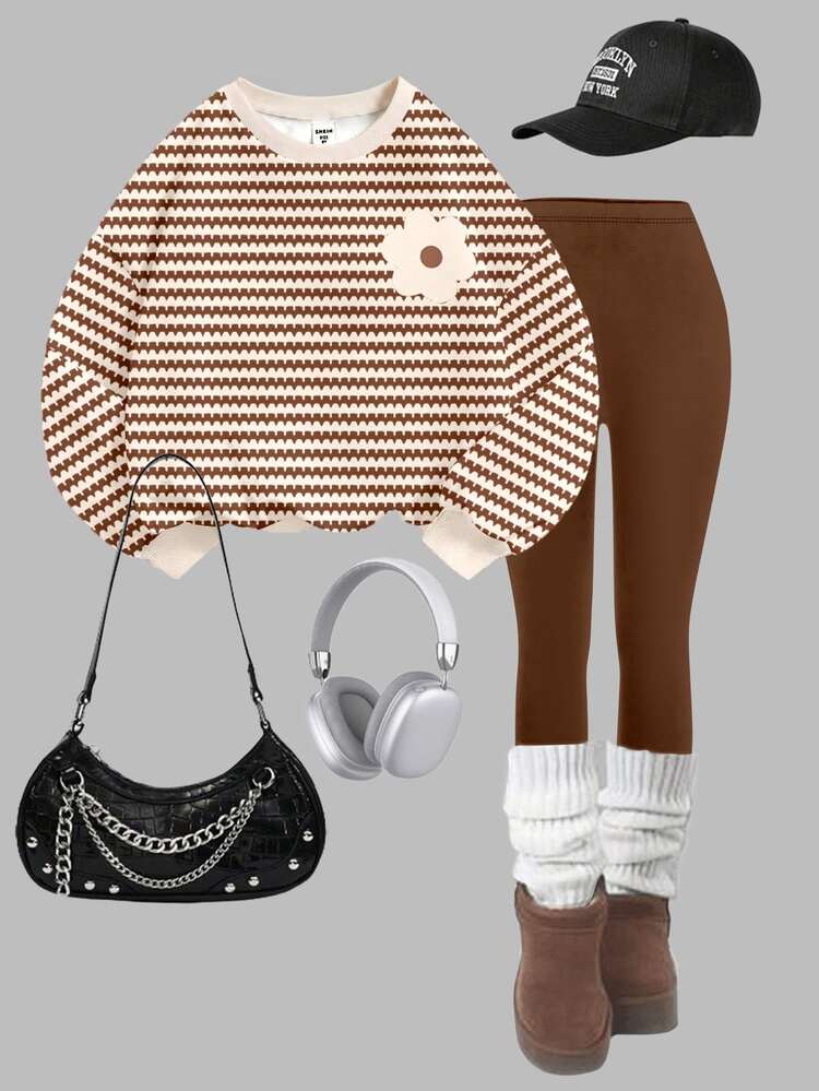 Kids Tween Girl Brown Striped Floral Print Autumn Sweatshirt And Leggings Set,Soft Warm Crew Neck Long Sleeve Family Matching Summer Outfit,Home - Multicolor - View 4
