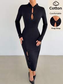 Nuevo vestido Cheongsam de estilo chino modificado, manga larga negra, de alta gama, con botones de rana y abertura VYPE - Negro - Ver 2