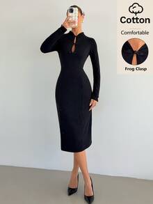 Nuevo vestido Cheongsam de estilo chino modificado, manga larga negra, de alta gama, con botones de rana y abertura VYPE - Negro - Ver 4