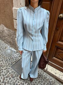 Siren Gaze Women's Striped Long Sleeve Button-Up Shirt And Wide Leg Pants Casual Set, Light Blue, Commuter Women's Two Pieces Set Suitable For Daily Wear,Autumn - Teal Blue - View 6