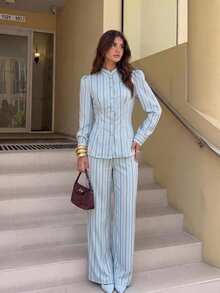 Siren Gaze Women's Striped Long Sleeve Button-Up Shirt And Wide Leg Pants Casual Set, Light Blue, Commuter Women's Two Pieces Set Suitable For Daily Wear,Autumn - Teal Blue - View 10