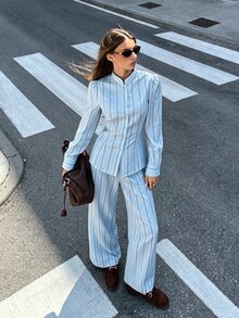 Siren Gaze Women's Striped Long Sleeve Button-Up Shirt And Wide Leg Pants Casual Set, Light Blue, Commuter Women's Two Pieces Set Suitable For Daily Wear,Autumn - Teal Blue - View 9