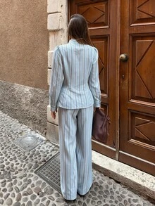 Siren Gaze Women's Striped Long Sleeve Button-Up Shirt And Wide Leg Pants Casual Set, Light Blue, Commuter Women's Two Pieces Set Suitable For Daily Wear,Autumn - Teal Blue - View 3