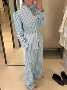 Siren Gaze Women's Striped Long Sleeve Button-Up Shirt And Wide Leg Pants Casual Set, Light Blue, Commuter Women's Two Pieces Set Suitable For Daily Wear,Autumn - Teal Blue - View 2