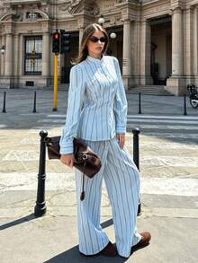 Siren Gaze Women's Striped Long Sleeve Button-Up Shirt And Wide Leg Pants Casual Set, Light Blue, Commuter Women's Two Pieces Set Suitable For Daily Wear,Autumn - Teal Blue - View 4