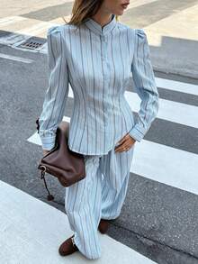 Siren Gaze Women's Striped Long Sleeve Button-Up Shirt And Wide Leg Pants Casual Set, Light Blue, Commuter Women's Two Pieces Set Suitable For Daily Wear,Autumn - Teal Blue - View 5