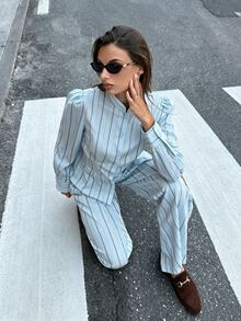 Siren Gaze Women's Striped Long Sleeve Button-Up Shirt And Wide Leg Pants Casual Set, Light Blue, Commuter Women's Two Pieces Set Suitable For Daily Wear,Autumn - Teal Blue - View 7