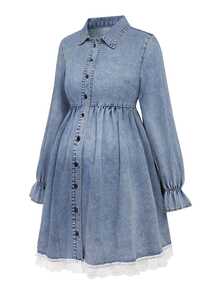 SHEIN Maternity Lotus Sleeve Single-Breasted Shirt Denim Dress - Light Wash - View 15