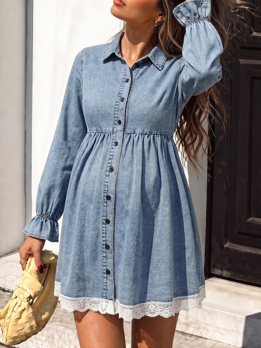 SHEIN Maternity Lotus Sleeve Single-Breasted Shirt Denim Dress - Light Wash - View 1