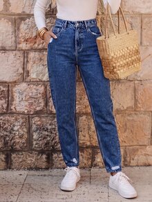 EMERY ROSE Women's Fashionable Loose Solid Color Denim Long Pants - Dark Wash - View 1