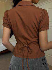 SHEIN EZwear 女款休閒復古優雅舒適V領翻領棕色調襯衫，適合辦公室日常夏季穿著 - 鏽棕色 - 查看 2