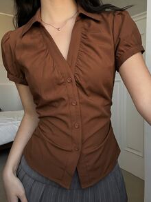 SHEIN EZwear 女款休閒復古優雅舒適V領翻領棕色調襯衫，適合辦公室日常夏季穿著 - 鏽棕色 - 查看 1