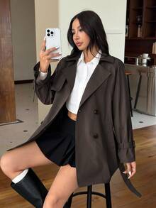 SHEIN EZwear 女款新款中長版純色雙排扣休閒風衣 - 棕色 - 查看 5