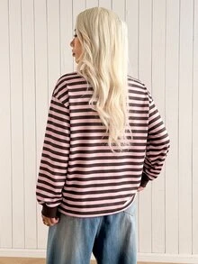 SHEIN EZwear 女款休閒舒適淡粉色與咖啡棕條紋針織長袖衛衣，秋冬款 - 粉色 - 查看 2