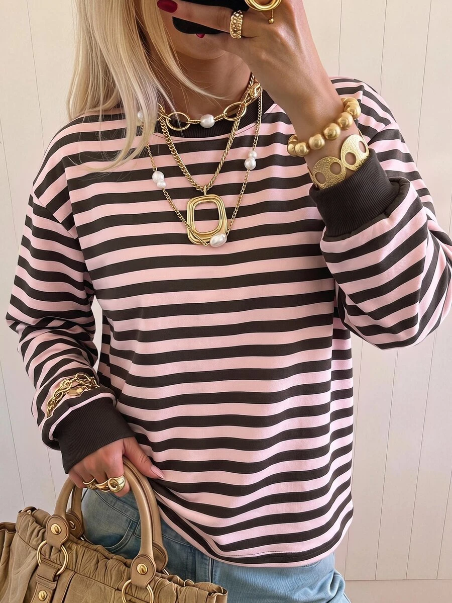 SHEIN EZwear 女款休閒舒適淡粉色與咖啡棕條紋針織長袖衛衣,秋冬款 - 粉色 - 查看 1
