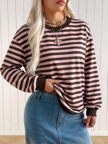 SHEIN EZwear 女款休閒舒適淡粉色與咖啡棕條紋針織長袖衛衣，秋冬款 - 粉色 - 查看 7