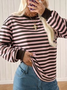 SHEIN EZwear 女款休閒舒適淡粉色與咖啡棕條紋針織長袖衛衣，秋冬款 - 粉色 - 查看 4