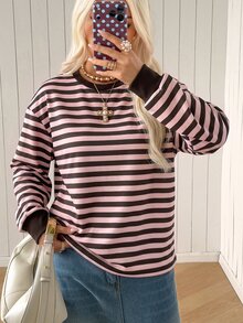 SHEIN EZwear 女款休閒舒適淡粉色與咖啡棕條紋針織長袖衛衣，秋冬款 - 粉色 - 查看 5