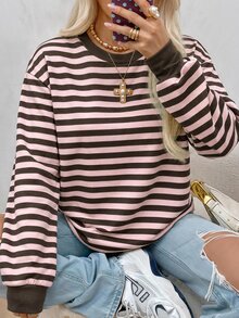SHEIN EZwear 女款休閒舒適淡粉色與咖啡棕條紋針織長袖衛衣，秋冬款 - 粉色 - 查看 6