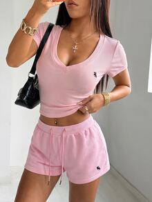 SHEIN EZwear 粉色刺繡針織短袖T恤與短褲套裝 - 粉色 - 查看 7