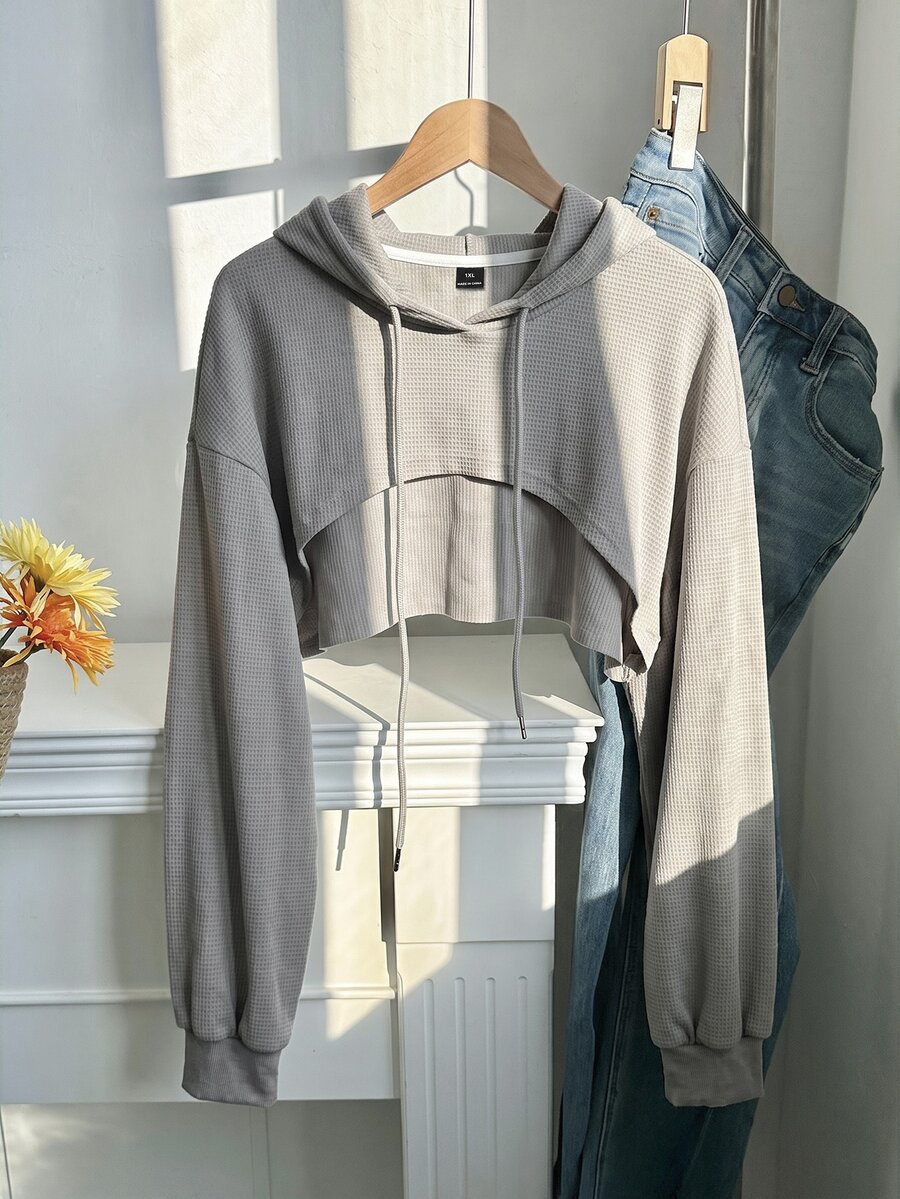 SHEIN EZwear Plus Size Light Gray Knit Ultra Cropped Sweatshirt - Light Grey - View 1