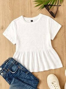 Solflare Women's Plus Size Round Neck Patchwork A-Line Solid Color Cotton Doll Style T-Shirt - White - View 1