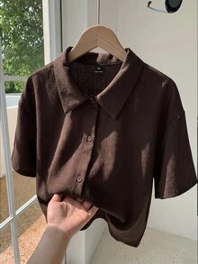Muchica Plus Size Women's Minimalist Textured Button-Up Cropped Shirt - Brown - View 1