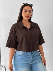 Muchica Plus Size Women's Minimalist Textured Button-Up Cropped Shirt - Brown - View 7